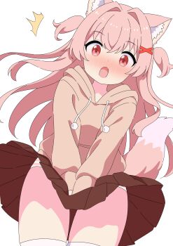 1girl :o ^^^ absurdres animal_ear_fluff animal_ears blush clothes_lift commentary_request cowboy_shot crossed_bangs dot_nose drawstring fang hair_intakes hair_ornament highres hood hoodie long_hair looking_at_viewer nose_blush open_mouth original panties pantyshot pink_hair pink_hoodie pleated_skirt pom_pom_(clothes) red_eyes red_skirt simple_background skin_fang skirt skirt_lift solo striped_clothes striped_panties tail underwear white_background wispy_bangs x_hair_ornament yuu-kun_(inugamikenoy)