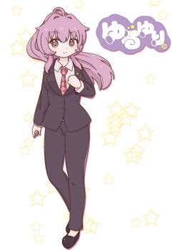 1girl aged_up black_suit breasts clenched_hand commentary_request copyright_logo flipped_hair formal_clothes full_body highres konishi_ayano koushinism large_breasts lawyer logo naitori. necktie parody ponytail purple_eyes purple_hair red_necktie shirt shoes style_parody suit white_shirt yuruyuri