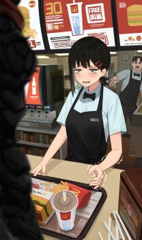 1girl 2boys black_eyes black_hair brand_name_imitation burger chainsaw_devil chainsaw_man cup disposable_cup drinking_straw employee_uniform fast_food fast_food_uniform fatzhai food french_fries hair_ornament hairclip higashiyama_kobeni highres mole mole_under_eye mole_under_mouth multiple_boys restaurant snot soda soda_fountain sweat tearing_up tray