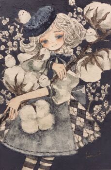Rule 34 | 1girl, acrylic paint (medium), beret, bird, blue dress, blue eyes, blush, bow, closed mouth, commentary request, cotton (plant), dress, feet out of frame, flower, hat, highres, karintoun, long-tailed tit, long sleeves, looking at viewer, original, outdoors, painting (medium), portrait, short hair, signature, simple background, smile, socks, standing, straight-on, striped clothes, tit (bird), traditional media, watercolor (medium), wavy hair, white background, white hair