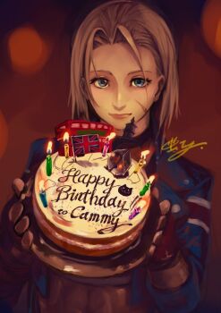 1girl abukawa_chihiro birthday_cake blonde_hair blue_eyes cake cammy_white crop_top fingerless_gloves fire food gloves happy_birthday looking_at_viewer scar scar_on_face short_hair street_fighter street_fighter_6 union_jack