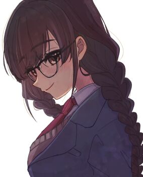 Rule 34 | 1girl, aged up, black-framed eyewear, black jacket, blush, braid, breasts, brown eyes, brown hair, commentary request, glasses, highres, iin chiyo, iin chiyo (hyakkano party), jacket, kimi no koto ga dai dai dai dai daisuki na 100-nin no kanojo, large breasts, long hair, looking at viewer, necktie, ohananomitsu high school uniform, oknomyk, red necktie, school uniform, smile, solo, twin braids, upper body, watermark, white background