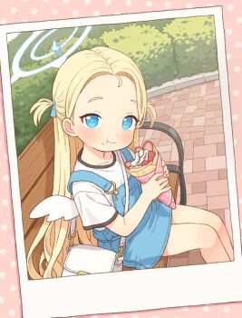 1girl bag blonde_hair blue_archive blue_eyes blush casual commentary_request cream cream_on_face crepe eating food food_on_face forehead halo holding holding_crepe holding_food long_hair looking_at_viewer on_bench onyhakase outdoors shirt shoulder_bag solo sora_(blue_archive) two_side_up white_shirt white_wings wings