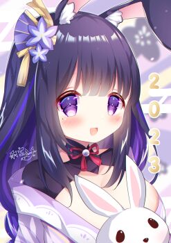 1girl 2023 animal_ear_fluff animal_ears artist_name blurry blurry_background blush breasts bridal_gauntlets cleavage clothing_cutout commentary_request fan_hair_ornament genshin_impact hair_ornament hamiyamiko happy happy_new_year highres huge_breasts japanese_clothes kimono looking_at_viewer looking_to_the_side mole mole_under_eye multicolored_hair neck_ribbon new_year off_shoulder open_mouth purple_eyes purple_hair purple_kimono rabbit rabbit_ears rabbit_girl raiden_shogun red_ribbon ribbon shade shoulder_cutout signature smile solo streaked_hair upper_body wide_sleeves