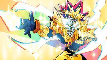 1boy armor black_hair blonde_hair bodysuit card cowboy_shot deck_of_cards duel_disk fusion gold_armor highres holding holding_card kamen_rider kamen_rider_ex-aid kamen_rider_ex-aid_(hyper_muteki) kamen_rider_ex-aid_(series) male_focus millennium_puzzle multicolored_hair nickanger purple_eyes purple_hair solo spiked_hair tokusatsu trading_card trait_connection yami_yugi yu-gi-oh! yu-gi-oh!_duel_monsters