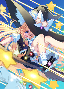 1girl absurdres apron bird black_hat black_shoes black_skirt black_vest blonde_hair blue_eyes bow braid broom broom_riding chinese_commentary commentary_request commission frilled_skirt frills green_bow hair_bow hat hat_bow highres kirisame_marisa long_hair looking_at_viewer mary_janes one_eye_closed open_mouth shoes side_braid single_braid skirt smile socks solo star_(symbol) touhou vest white_bird white_bow white_socks witch_hat wuzeiiezuw