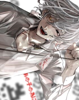 1boy arm_up black_eyes blood choppy_bangs collared_shirt electric_plug fangs grey_hair hair_between_eyes highres long_sleeves looking_at_viewer male_focus mismatched_pupils nosebleed open_mouth original pulling sahi00000 shirt short_hair sideways smile solo sweat teeth upper_body white_shirt