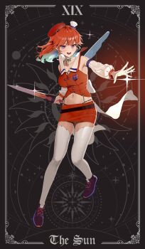 1girl :d absurdres beret breasts buttons card_(medium) chef_hat colored_inner_hair commentary detached_sleeves double-breasted earrings english_commentary feather_earrings feathers full_body gradient_hair green_feathers green_hair gum_shrew hair_flaps hat highres holding holding_sword holding_weapon hololive hololive_english jewelry long_hair looking_at_viewer medium_breasts midriff mini_hat miniskirt multicolored_hair multiple_hats navel official_art open_mouth orange_hair orange_hat orange_skirt orange_vest panty_straps purple_eyes ribbed_sleeves second-party_source shoes skirt smile sneakers solo swept_bangs sword takanashi_kiara takanashi_kiara_(1st_costume) tarot tarot_(medium) the_sun_(tarot) thighhighs vest virtual_youtuber weapon white_hat white_thighhighs