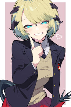 1girl absurdres au_ra black_jacket blonde_hair blue_eyes blush bright_pupils brown_vest collared_shirt commentary_request commission eyelashes final_fantasy final_fantasy_xiv grin heart highres horns jacket long_sleeves looking_at_viewer nekoma_hikaru pixiv_commission pleated_skirt purple_background school_uniform shirt short_hair skirt smile solo tail vest white_pupils