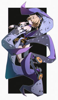 1girl accessories ass asymmetrical_shorts bare_shoulders black_background black_bow black_hat black_shoes blonde_hair bow commentary detached_sleeves finger_to_tongue footwear_ribbon from_behind hat high-waist_shorts highres leg_up looking_at_viewer mole mole_under_mouth monster_girl postalworks purple_eyes ringed_eyes scylla shirt shoes short_hair shorts single_thighhigh solo sticker suction_cups tentacle_girl tentacle_tail tentacles thighhighs tongue tongue_out white_background white_shirt white_sleeves yidhari_murphy zenless_zone_zero