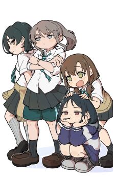 Rule 34 | 4girls, :3, ai (girls band cry), ayataka syumimi, black hair, black shoes, black skirt, black socks, blue hoodie, blue necktie, brown cardigan, brown eyes, brown hair, brown shoes, brown sweater vest, cardigan, cardigan around waist, closed mouth, clothes around waist, commentary request, crossed arms, diagonal-striped clothes, diagonal-striped necktie, diamond dust (girls band cry), girls band cry, green eyes, green shorts, grey eyes, grey hair, grey socks, hands on another's head, highres, hood, hood down, hoodie, kawaragi momoka, kneehighs, long hair, low twintails, mole, mole under eye, multiple girls, nana (girls band cry), necktie, pleated skirt, ponytail, rin (girls band cry), school uniform, shirt, shoes, short hair, shorts, shorts under skirt, simple background, skirt, socks, squatting, striped clothes, sweater vest, triple-q, twintails, white background, white shirt, yellow eyes