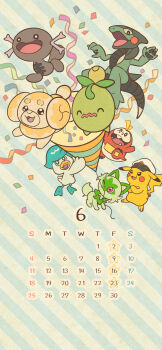 :3 ^_^ absurdres blue_eyes bright_pupils calendar_(medium) captain_pikachu cat closed_eyes clothed_pokemon commentary_request confetti crossed_arms cyclizar dot_nose fangs fidough fuecoco gen_1_pokemon hat highres mojacookie nintendo no_humans official_art one_eye_closed open_mouth paldean_wooper party_popper pikachu pokemon pokemon_(anime) pokemon_(creature) pokemon_focus pokemon_horizons quaxly red_eyes second-party_source smile smoliv sprigatito star_(symbol) striped_background white_hat white_pupils