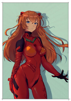 1girl aqua_background bandaged_arm bandages blue_eyes bodysuit breasts commentary curvy drop_shadow highres hongdouni interface_headset_(evangelion) long_hair looking_at_viewer mecha_pilot_suit neon_genesis_evangelion orange_hair plugsuit_(evangelion) red_bodysuit solo souryuu_asuka_langley tsundere wide_hips