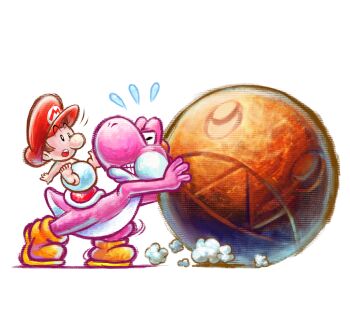2boys absurdres baby baby_mario brown_hair chomp_rock clenched_teeth closed_eyes diaper harada_masamichi hat highres mario mario_(series) multiple_boys nintendo official_art pink_yoshi pushing red_hat short_hair simple_background teeth third-party_source transparent_background yoshi yoshi&#039;s_new_island