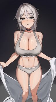 1girl absurdres bed_sheet black_choker blue_eyes blush bra breasts calvin_klein choker commentary_request faust_(project_moon) grey_bra grey_panties gungye highres korean_commentary large_breasts limbus_company looking_at_viewer panties project_moon shadow short_hair simple_background smile underwear undressing white_hair