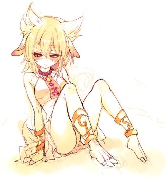 Rule 34 | 1girl, animal ears, blonde hair, blush, bracelet, cis (carcharias), collar, ear tag, female focus, goat ears, goat girl, goat tail, hooves, jewelry, long hair, one eye closed, sitting, solo, sweat, tail, touhou, toyosatomimi no miko, wink