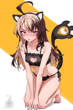 1girl absurdres ahoge alternate_hairstyle animal_ear_hairband animal_ears barefoot black_bra black_nails blonde_hair blush bra breasts brown_hair cat_cutout cat_ear_hairband cat_ear_panties cat_ears cat_lingerie cleavage cleavage_cutout clothing_cutout commentary english_commentary fake_animal_ears feet frilled_bra frills full_body gigi_murin hairband highres hololive hololive_english kneeling long_hair looking_at_viewer multicolored_hair nail_polish nose_blush open_mouth panties pink_eyes side-tie_panties sidelocks simple_background small_breasts solo tail thigh_gap toenail_polish toenails toes two-tone_background two-tone_hair underwear underwear_only unstableboiler virtual_youtuber white_background yellow_background