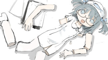1girl :d animal_print blue_eyes blue_hair breaking clipboard death dismemberment fish_print from_above glasses hat highres joints nurse nurse_cap open_mouth original severed_arm severed_leg severed_limb short_twintails smile solo tsukumizu_yuu twintails white_background