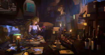 1girl 2046547893 3d absurdres bare_shoulders blonde_hair blood_bead book bottle breasts candle code_vein commentary cup drawing_(object) elbow_gloves english_commentary female_focus gloves highres holding long_hair looking_at_viewer mia_karnstein no_headwear notepad open_book small_breasts solo vampire white_legwear