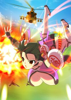 1girl aerial_battle aircraft airplane armor attack_helicopter battle black_hair blue_sky blush bomb breasts bullet bun_(food) chinese_clothes cleavage cloud day double_bun explosion explosive falling fighter_jet fighting firecrackers firing fishnet_gloves fishnets flying food fuse gloves gun hair_bun hair_ornament helicopter holding holding_bomb japanese_armor kote kurokote large_breasts lit_fuse meimei_(senran_kagura) military military_vehicle official_art open_mouth orange_eyes outdoors propeller propeller_fighter purple_ribbon ribbon senran_kagura senran_kagura_new_wave short_hair sky solo steamed_bun thighhighs third-party_source v-shaped_eyebrows vehicle_request weapon white_thighhighs