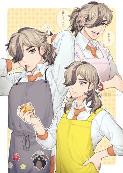 1boy 2022chirp adjusting_hair apron arven_(pokemon) brown_hair collared_shirt commentary_request eyelashes frills grey_apron grey_eyes hair_tie_in_mouth hand_on_own_hip hands_up highres holding long_hair mabosstiff male_focus mouth_hold multiple_views necktie nintendo onion orange_necktie pokemon pokemon_sv shirt speech_bubble three-quarter_sleeves translation_request twitter_username watermark white_shirt yellow_apron