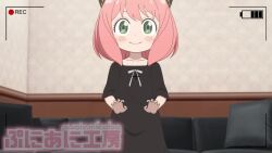 1girl ahoge animated anya_(spy_x_family) artist_name black_dress blush cleft_of_venus closed_mouth clothes_lift collarbone cone_hair_bun dress dress_lift feet_out_of_frame female_focus grin hair_bun indoors interior joutarou_(punianikobo) loli long_sleeves looking_at_viewer navel neck_ribbon pink_hair pussy pussy_peek recording ribbon smile smug sound spy_x_family standing stomach straight-on teasing teeth uncensored video viewfinder