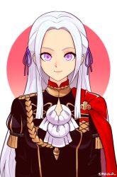 Rule 34 | 1girl, ascot, circle, closed mouth, commentary, edelgard von hresvelg, fire emblem, fire emblem: three houses, garreg mach monastery uniform, highres, long hair, looking at viewer, nintendo, pink eyes, red background, simple background, smgold, smile, solo, tassel, two-tone background, white ascot, white background, white hair