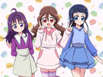 3girls :d ahoge alternate_hairstyle aokaze_nana aokaze_nana_(cosplay) arched_bangs arms_behind_back bare_shoulders blue_eyes blue_hair blue_hairband blue_shirt blue_skirt blush button_up_skirt chinese_commentary closed_mouth clothing_cutout collarbone collared_shirt commentary contrast_collar cosplay costume_switch cowboy_shot double-parted_bangs double_v drawstring eighth_note food-themed_background fortissimo grey_skirt hair_between_eyes hair_intakes hair_ornament hairband hairstyle_switch hakuchuu hands_up highres hood hood_down hoodie kimi_to_idol_precure legs_together long_hair long_sleeves looking_at_viewer macaron_background miniskirt multiple_girls musical_note musical_note_hair_ornament open_mouth pink_hoodie pink_skirt pink_thighhighs pleated_skirt polka_dot polka_dot_background precure purple_eyes purple_hair purple_shirt red_eyes sakura_uta_(precure) sakura_uta_(precure)_(cosplay) shigure_kokoro shigure_kokoro_(cosplay) shirt shoulder_cutout side-by-side skirt smile split_mouth standing star_(symbol) star_symbol_background thighhighs twintails v white_background x_hair_ornament zettai_ryouiki