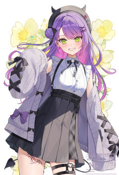 1girl absurdres bare_shoulders blush commentary_request cowboy_shot green_eyes grey_jacket grey_skirt grin highres hololive jacket long_hair looking_at_viewer miyanami_3 multiple_thigh_straps open_clothes open_jacket pleated_skirt purple_hair shirt simple_background skirt sleeveless sleeveless_shirt smile solo thigh_strap tokoyami_towa tokoyami_towa_(jirai_kei) virtual_youtuber white_background white_shirt