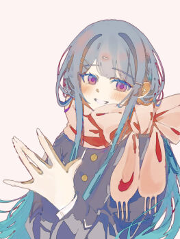 1girl black_eyes black_jacket blush bow brown_bow brown_scarf cho_koko-kyu_no_washi danganronpa:_trigger_happy_havoc danganronpa_(series) grin hair_ornament hairclip highres jacket long_hair long_sleeves maizono_sayaka own_hands_together scarf simple_background smile teeth upper_body white_background