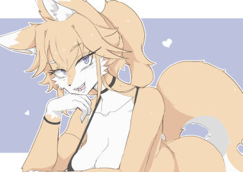 1girl animal_ear_fluff animal_ears arm_rest bare_shoulders bent_over black_bra blonde_hair blue_background blue_eyes body_fur bra breasts cat_ears cat_girl cat_tail collarbone commentary_request furry furry_female head_rest heart large_breasts letterboxed light_blush liqueurmask long_hair looking_at_viewer multicolored_fur open_mouth pulchra_fellini solo tail underwear yellow_fur zenless_zone_zero