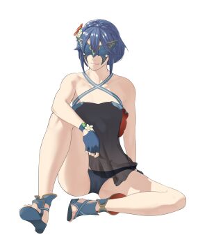 1girl absurdres armpit_crease bare_shoulders bikini blue_bikini blue_hair blue_sandals braid breasts cameltoe closed_mouth collarbone covered_eyes criss-cross_halter fire_emblem fire_emblem_awakening flower gold_trim hair_between_eyes hair_flower hair_ornament halterneck high_heel_sandals highres knee_up legs lucina_(fire_emblem) lucina_(summer)_(fire_emblem) nintendo on_ground orange_flower pomelomelon sandals short_hair simple_background sitting small_breasts smile solo swimsuit toenails toes white_background white_flower