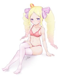 10s 1girl 2016 anho artist_name bare_shoulders beatrice_(re:zero) blonde_hair blue_eyes blush bow bra breasts butterfly-shaped_pupils collarbone crossed_legs crown drill_hair female_focus full_body hair_bow hair_ornament loli long_hair looking_at_viewer midriff mini_crown navel panties re:zero_kara_hajimeru_isekai_seikatsu small_breasts solo symbol-shaped_pupils thighhighs thighs twin_drills underwear unusual_pupils white_background
