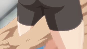 10s 1boy 1girl 2018 aged_down animated animated_gif anime_screenshot asou_miyuri ass bathroom bike_shorts blush censored doki_doki_little_ooya-san from_side head_out_of_frame hetero loli long_hair lowres nude shampoo shiny_skin thick_thighs thighhighs thighs washing_another water wet wet_clothes wet_hair