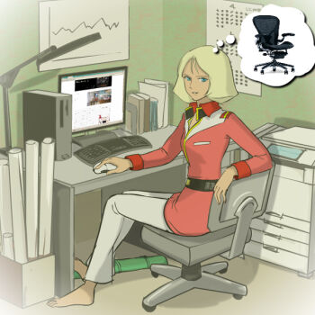 1girl aeron_chair barefoot blonde_hair blue_eyes breasts calendar chair chart computer female_focus gundam mobile_suit_gundam nippori_honsha printer sayla_mass short_hair solo speech_bubble swivel_chair thought_bubble