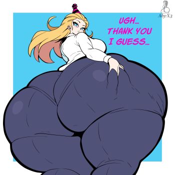 1girl 2025 absurdres abyx3 annoyed artist_name ass ass_focus bangs_pinned_back birthday black_pants blonde_hair blue_eyes blush border breasts commentary cowboy_shot curvy english_commentary english_text female_focus foreshortening from_below frown grabbing_own_ass hat highres huge_ass large_breasts legs_apart legs_together long_hair original outside_border pants party_hat shirt simple_background solo standing tall_female wavy_hair white_shirt