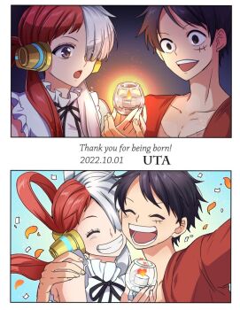 1boy 1girl alternate_hairstyle artist_request black_hair candle closed_eyes dated dress english_text facial_scar grin hair_over_one_eye happy hug long_hair monkey_d._luffy multicolored_hair one_piece one_piece_film:_red open_clothes open_shirt purple_eyes red_hair scar scar_on_cheek scar_on_face sequential short_hair simple_background smile teeth two-tone_hair upper_body uta_(one_piece) v very_long_hair white_dress white_hair