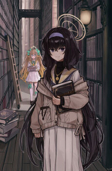 2girls aqua_bow asymmetrical_legwear black_hair black_shirt black_shoes blonde_hair blue_archive blue_eyes book book_stack bookshelf bow dress glasses hair_between_eyes hair_bow hairband halo highres holding holding_book indoors jewelry ladder lantern library long_hair long_skirt long_sleeves looking_at_viewer multiple_girls off-shoulder_sweater off_shoulder parted_lips pendant pleated_dress pleated_skirt purple_eyes purple_hairband sailor_dress shimiko_(blue_archive) shirt shoes skirt sleeves_past_wrists smile socks standing sweater tentaizukan thighhighs turtleneck twintails ui_(blue_archive) very_long_hair white_dress white_skirt white_socks white_thighhighs wooden_ladder
