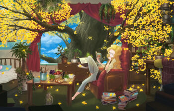 Rule 34 | 1girl, absurdres, apple, armchair, bed, black shirt, blonde hair, book, bookshelf, cactus, chair, chest of drawers, closed mouth, colorful, commentary request, computer, cup, curtains, expressionless, food, from side, fruit, fruit bowl, full body, ginkgo leaf, ginkgo tree, glasses, grapes, grey pants, hands up, highres, holding, holding book, indoors, lantern, laptop, leaf, leg up, long hair, murakoyafactory, on chair, open book, open window, original, pants, pear, pen, pile of books, plant, potted plant, reading, red-framed eyewear, rug, shirt, sitting, slice of life, solo, table, tablet pc, three-quarter sleeves, unworn eyewear, wavy hair, white sleeves, window