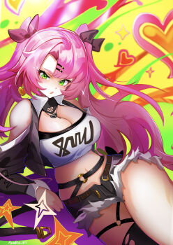 Rule 34 | 1girl, azuki pii, black ribbon, black shorts, breasts, cleavage, clothing cutout, commentary request, crop top, earrings, green eyes, hair ornament, hairclip, heart, heart earrings, heart necklace, highres, jewelry, large breasts, long hair, looking at viewer, micro shorts, mole, mole on breast, mole on thigh, mole under eye, necklace, nicole demara, open mouth, pink hair, ribbon, shorts, shoulder cutout, single thighhigh, solo, strapless, thighhighs, torn clothes, torn thighhighs, tube top, zenless zone zero
