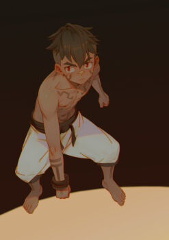 1boy barefoot body_markings brown_hair male_focus nipples original red_eyes ryou_hiryuu short_hair shorts solo toned toned_male topless_male undercut wristband