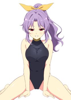 1girl absurdres alternate_costume bare_legs barefoot black_leotard blush breasts breasts_squeezed_together commentary curtained_hair feet_out_of_frame hair_intakes hair_ribbon half-closed_eyes heattech_leotard highres leotard long_hair looking_at_viewer medium_breasts parted_bangs parted_lips ponytail purple_eyes purple_hair ribbon sidelocks simple_background sitting smile solo spread_legs suiu_shinotsuku touhou turtleneck watatsuki_no_yorihime white_background yellow_ribbon