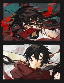 2boys absurdres bandaged_arm bandages black_hair blood blood_on_clothes blood_on_face blood_on_hands broken_mask chinese_commentary closed_mouth coat coin coin_mask covered_mouth creature crossover dao_gui_yi_xian fire floating_hair grey_hanfu hair_between_eyes hair_bun half_updo highres holding holding_umbrella holding_weapon holed_coin li_huowang li_sui_(tentacles) long_hair long_sleeves looking_at_viewer low_ponytail magma991122 male_focus mask messy_hair mouth_hold mouth_veil multiple_boys over_shoulder ponytail quan_zhi_gao_shou red_coat red_eyes red_scarf scarf single_hair_bun smile split_screen stalk_in_mouth tentacles tentacles_under_clothes torn_clothes umbrella veil weapon ye_xiu yellow_eyes