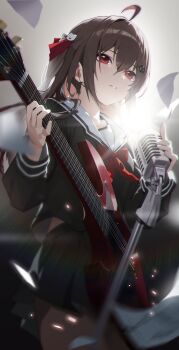 1girl absurdres ahoge alternate_costume black_serafuku black_skirt blurry bow bowtie broken_heart broken_heart_hair_ornament brown_hair commission cowboy_shot depth_of_field evil_neuro-sama from_below from_side guitar hair_between_eyes hair_ornament hair_ribbon heart heart_hair_ornament highres holding holding_guitar holding_instrument holding_microphone instrument long_hair long_sleeves microphone microphone_stand miniskirt misterchief neuro-sama parted_lips pleated_skirt red_bow red_bowtie red_eyes red_ribbon ribbon sailor_collar school_uniform serafuku skirt skull_hair_ornament solo third-party_source vedal_ai virtual_youtuber white_sailor_collar