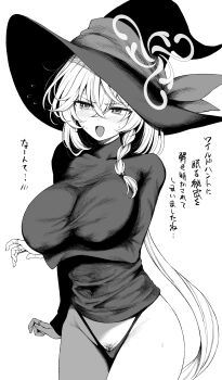 1girl arm_under_breasts blue_archive blush braid breasts commentary cowboy_shot daiji_pt eri_(blue_archive) female_pubic_hair flying_sweatdrops greyscale halo hat highres large_breasts long_hair long_sleeves medium_hair monochrome no_pants open_mouth pubic_hair pubic_hair_peek simple_background single_braid solo symbol-only_commentary thong translation_request turtleneck undershirt v-shaped_eyebrows very_long_hair white_background witch_hat