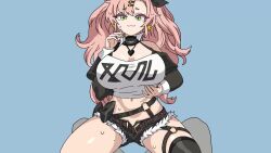 1girl animated audible_speech bare_shoulders belt black_collar black_ribbon black_shorts black_sleeves blue_background bouncing_breasts breasts brown_belt clothes_lift collar cropped_shirt detached_collar detached_sleeves earrings english_audio eyebrows eyelashes feet_out_of_frame female_focus garter_belt green_eyes hair_ribbon hand_on_own_chest hand_up jacket jewelry large_breasts lifting_own_clothes long_hair looking_at_viewer mihoyo mole mole_on_breast mole_under_eye navel necklace nicole_demara nipples nipuru_studio no_bra off-shoulder_jacket off_shoulder open_clothes open_jacket open_mouth pink_hair pov ribbon shirt shirt_lift shorts simple_background sitting solo sound strapless strapless_shirt tagme teeth twintails video wariza white_shirt zenless_zone_zero