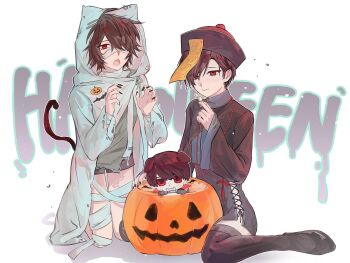 2boys :o akane047 animal_ear_hood ariake_(ooe) bandage_over_one_eye bandaged_leg bandages black_hair black_nails black_shorts candy cat_tail chibi chinese_clothes claw_pose commentary english_commentary fake_animal_ears food full_body green_shirt hair_over_one_eye halloween hand_up high_collar highres holding holding_candy holding_food hood jack-o'-lantern jiangshi_costume kneeling lace-up_shorts long_sleeves male_focus multiple_boys ofuda ooe_(game) oosaki_(ooe) red_eyes shinbashi_(ooe) shirt short_shorts shorts tail thighhighs white_background