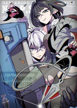 1boy 1girl absurdres animal_ear_fluff animal_ears black_gloves black_shorts blue_eyes breasts cat_boy cat_ears closed_mouth commentary_request crossed_bangs fingerless_gloves fur-trimmed_jacket fur_trim garter_straps gloves grey_background grey_jacket hair_between_eyes hetero high-waist_shorts highres holding holding_another&#039;s_leg holding_knife holding_shield holding_weapon jacket jane_doe_(zenless_zone_zero) knife large_breasts long_tail looking_at_viewer mikage033 mouse_ears mouse_girl mouse_tail pantyhose purple_eyes red_nails seth_lowell sharp_tail shield shorts single_garter_strap single_leg_pantyhose single_thighhigh smile sparkle tail thighhighs torn_clothes torn_pantyhose torn_thighhighs v-shaped_eyebrows weapon white_hair zenless_zone_zero