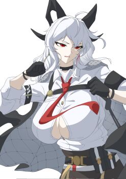 1girl akaze07 black_choker black_gloves black_horns black_jacket breasts button_gap chest_harness choker collared_shirt commentary corrupted_twitter_file cowboy_shot curled_horns gloves harness highres horns huge_breasts jacket jacket_on_shoulders long_hair multicolored_hair necktie parted_lips red_eyes red_necktie shirt shirt_tucked_in solo streaked_hair white_hair white_shirt wuthering_waves zani_(wuthering_waves)