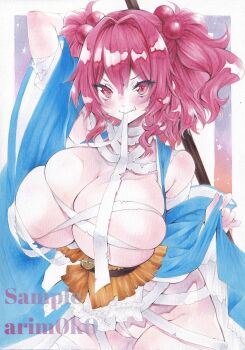 1girl arim0k0 artist_name bandages blush breasts cleavage closed_mouth coin commentary cowboy_shot hair_intakes halloween halloween_costume highres huge_breasts long_sleeves looking_at_viewer medium_hair mummy mummy_costume onozuka_komachi red_eyes red_hair sample_watermark sash skindentation solo touhou traditional_media two_side_up v-shaped_eyebrows watermark wide_sleeves